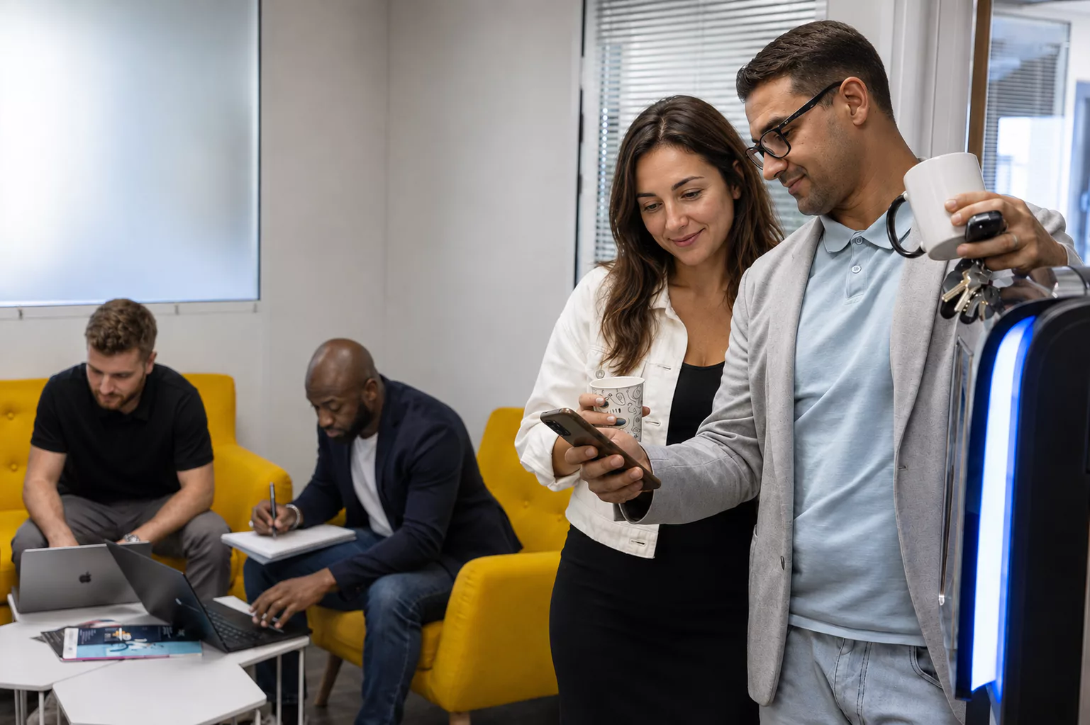 Équipe OBOXIA échangeant dans l'espace détente de l'agence