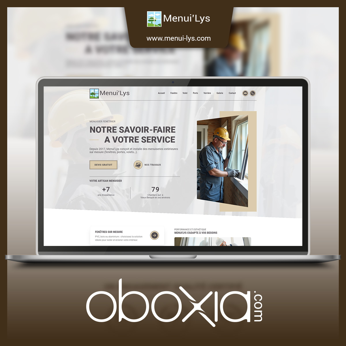 Site internet de Menui'Lys, menuisier fenêtrier, réalisé par OBOXIA et présenté sur ordinateur